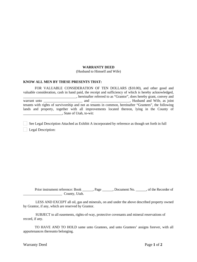 Warranty Deed from Husband to Himself and Wife Utah  Form