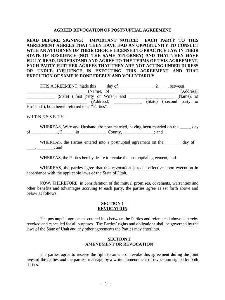 Revocation of Postnuptial Property Agreement Utah Utah  Form