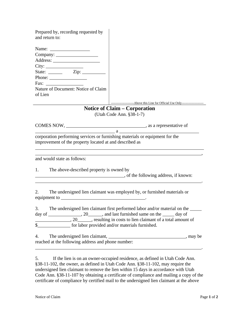 Notice of Claim Corporation  Form