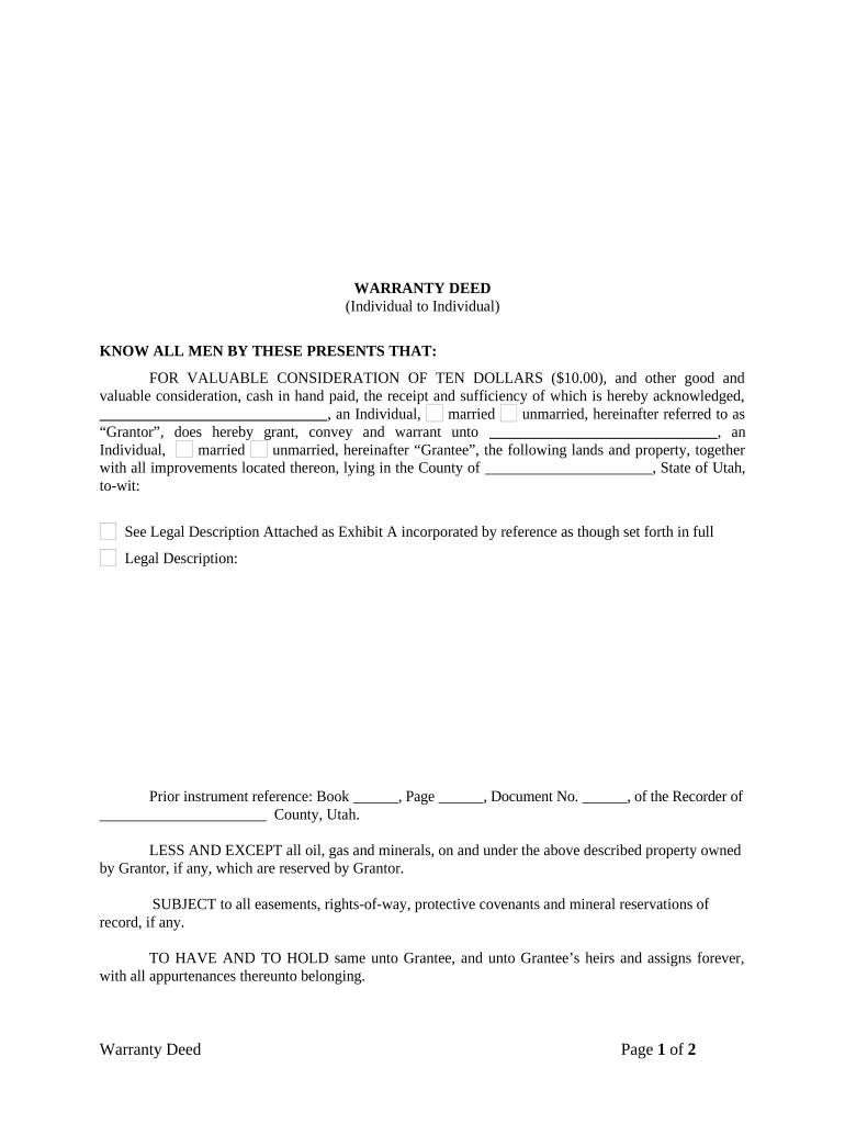 Warranty Deed from Individual to Individual Utah  Form