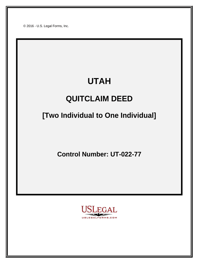 Quitclaim Deed Two Individuals to One Individual Utah  Form