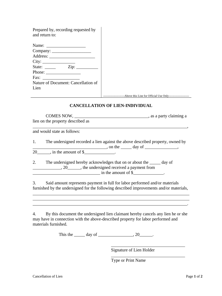 Cancellation of Lien by Individual Utah  Form