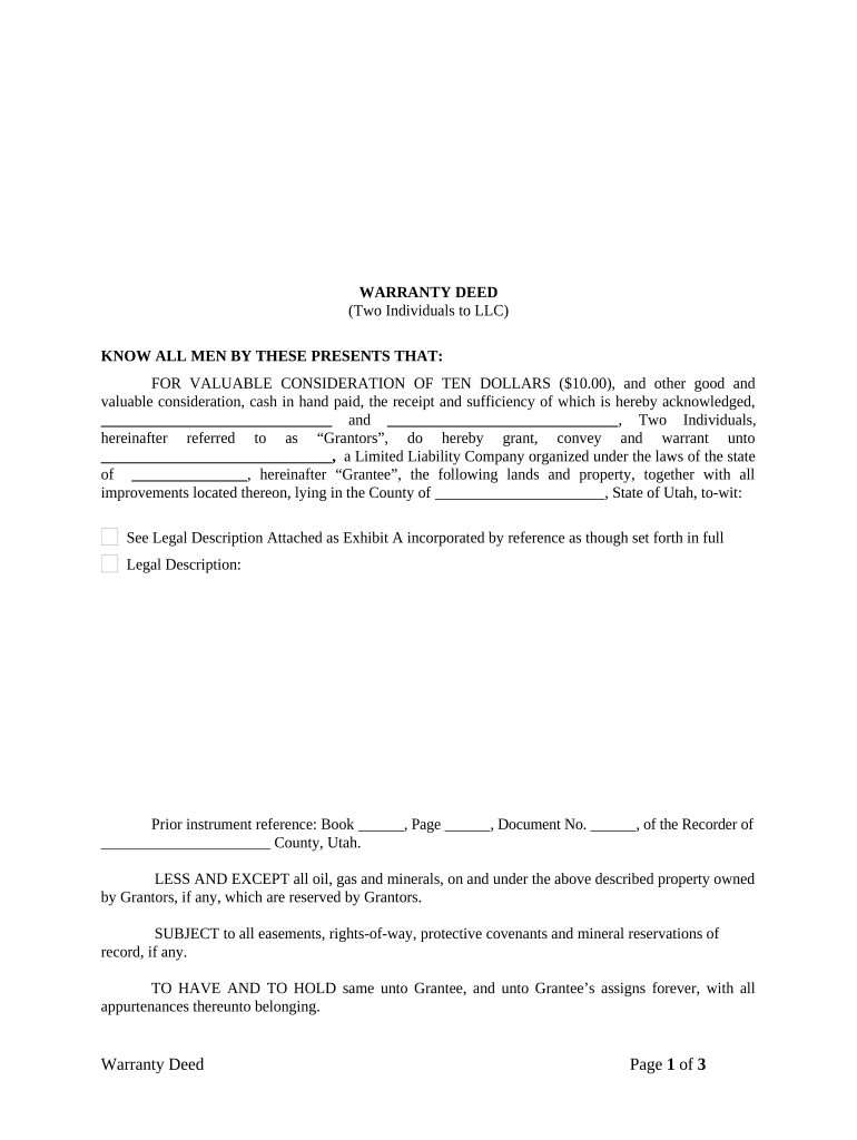 Warranty Deed from Two Individuals to LLC Utah  Form