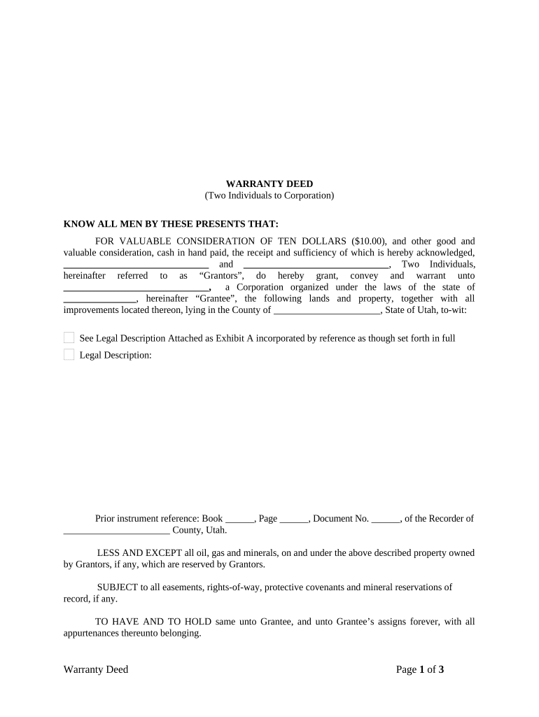 Warranty Deed from Two Individuals to Corporation Utah  Form