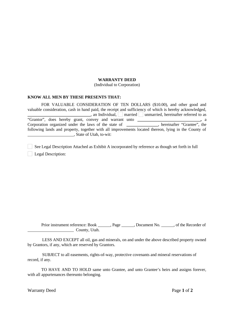 Warranty Deed from Individual to Corporation Utah  Form