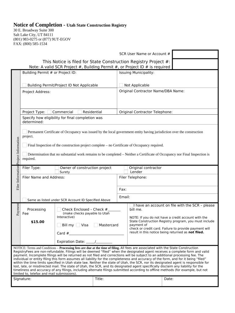 Notice of Completion Utah State Construction Registry  Form