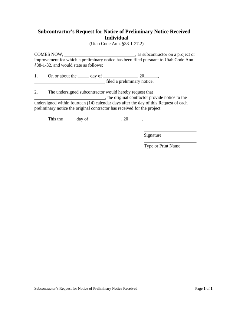 Subcontractors Request for Notice of Preliminary Notice Received Individual  Form