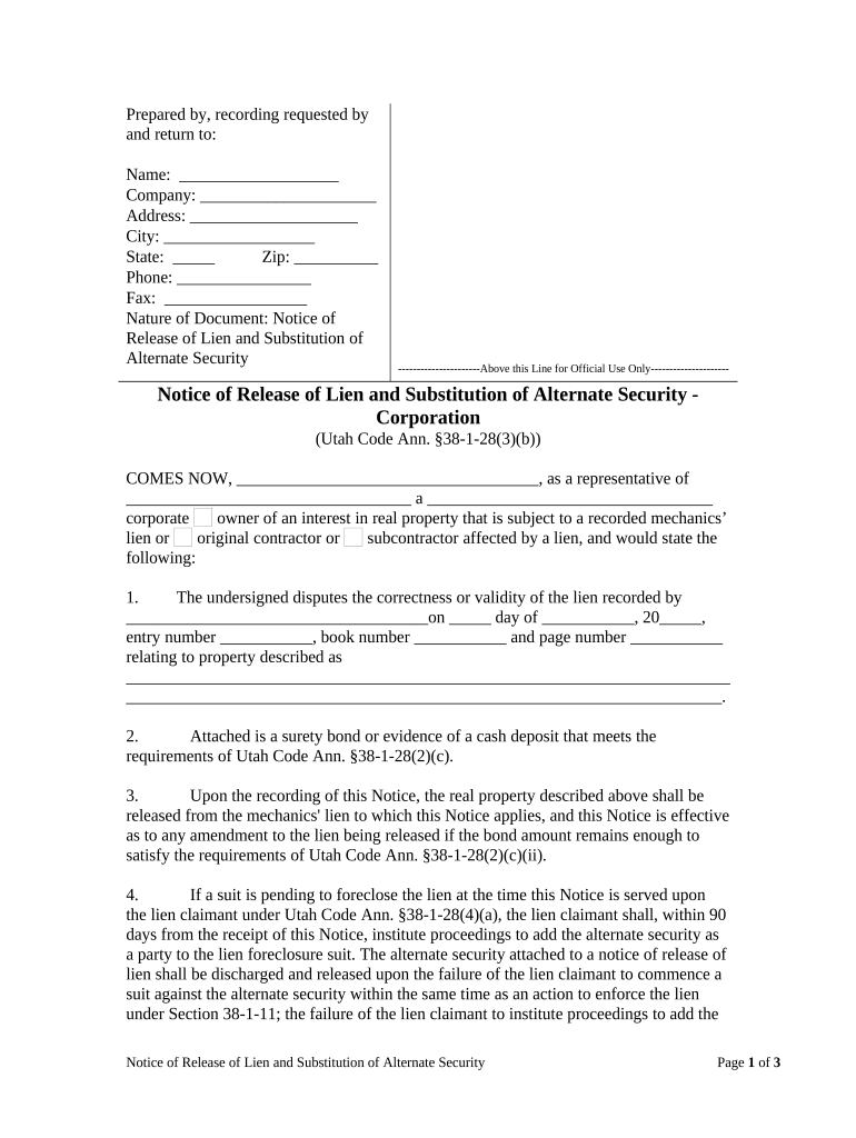 Utah Release Lien  Form