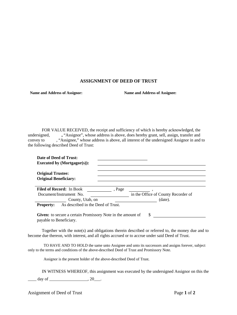 Assignment of Deed of Trust by Individual Mortgage Holder Utah  Form