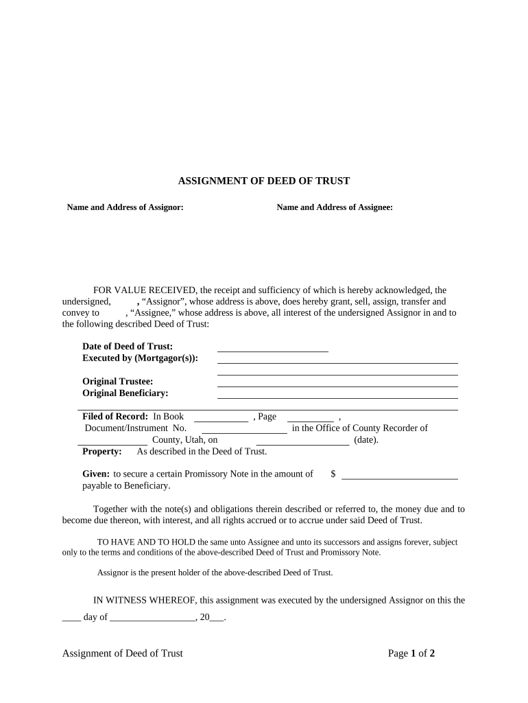 Assignment of Deed of Trust by Corporate Mortgage Holder Utah  Form