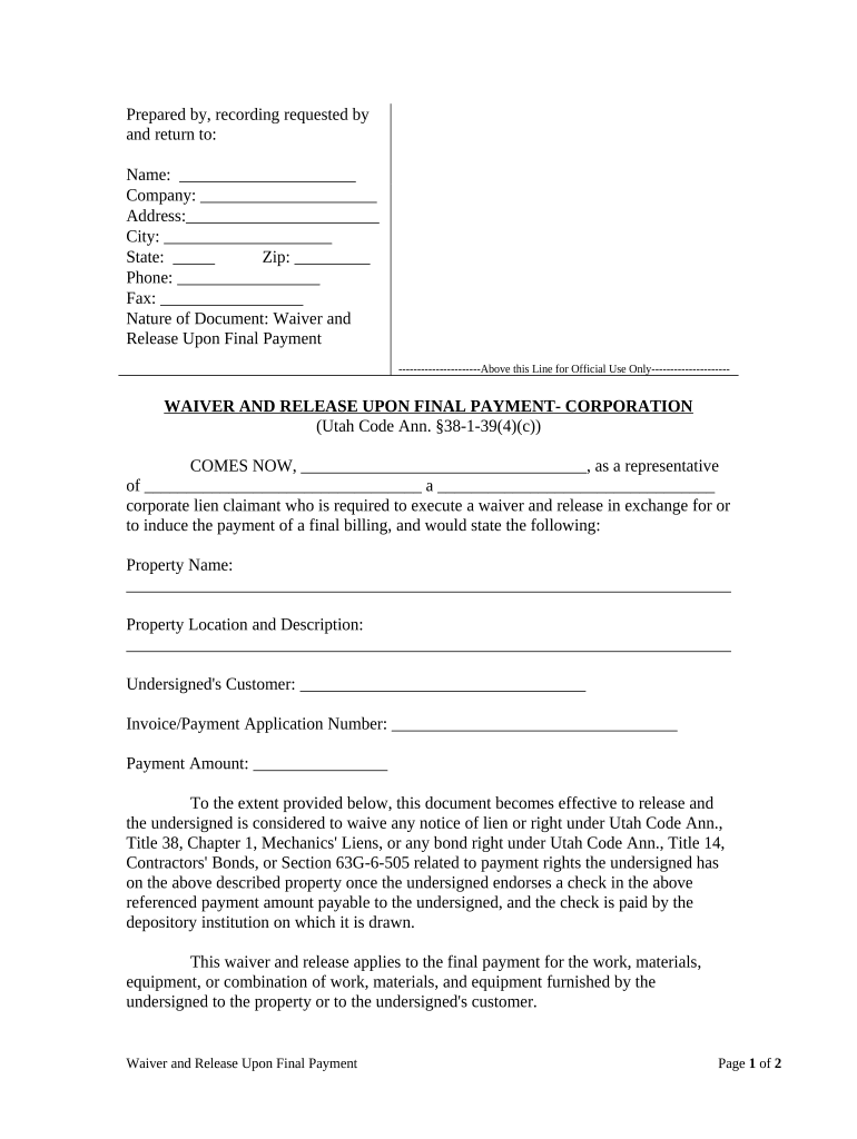 Waiver and Release Upon Final Payment Corporation Utah  Form