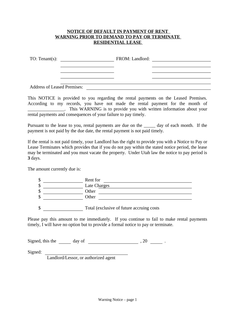 Notice of Default in Payment of Rent as Warning Prior to Demand to Pay or Terminate for Residential Property Utah  Form