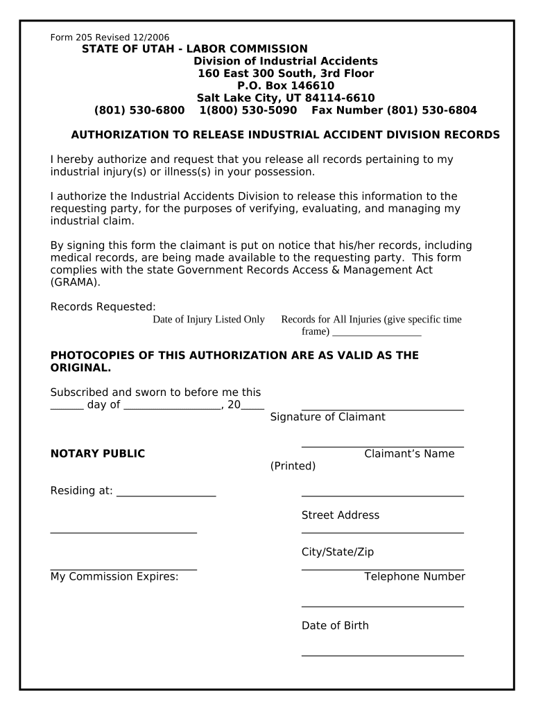 Authorization to Release Industrial Accident Division Records Utah  Form