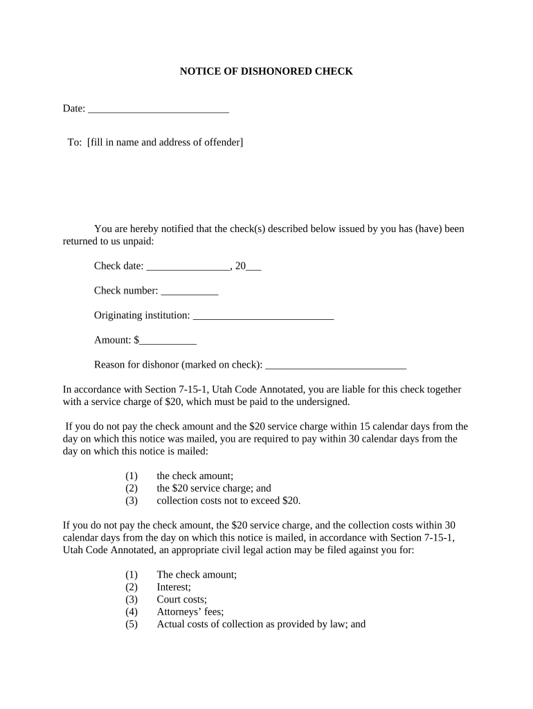 Notice of Dishonored Check Criminal Keywords Bad Check, Bounced Check Utah  Form