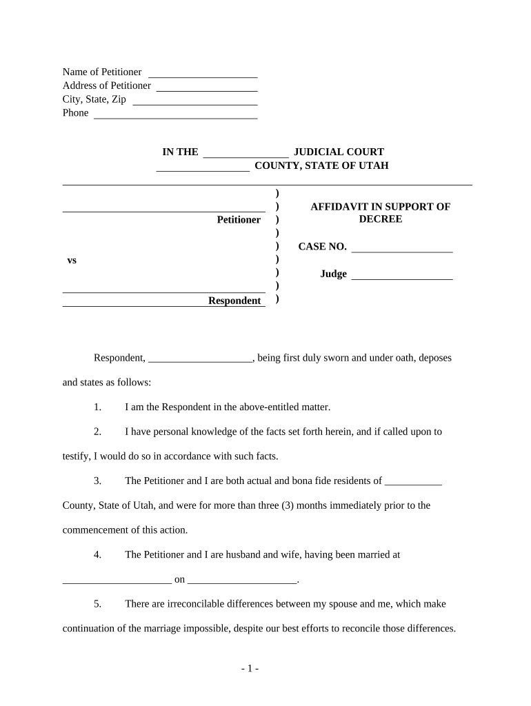 Affidavit in Support of Decree Respondent Utah  Form