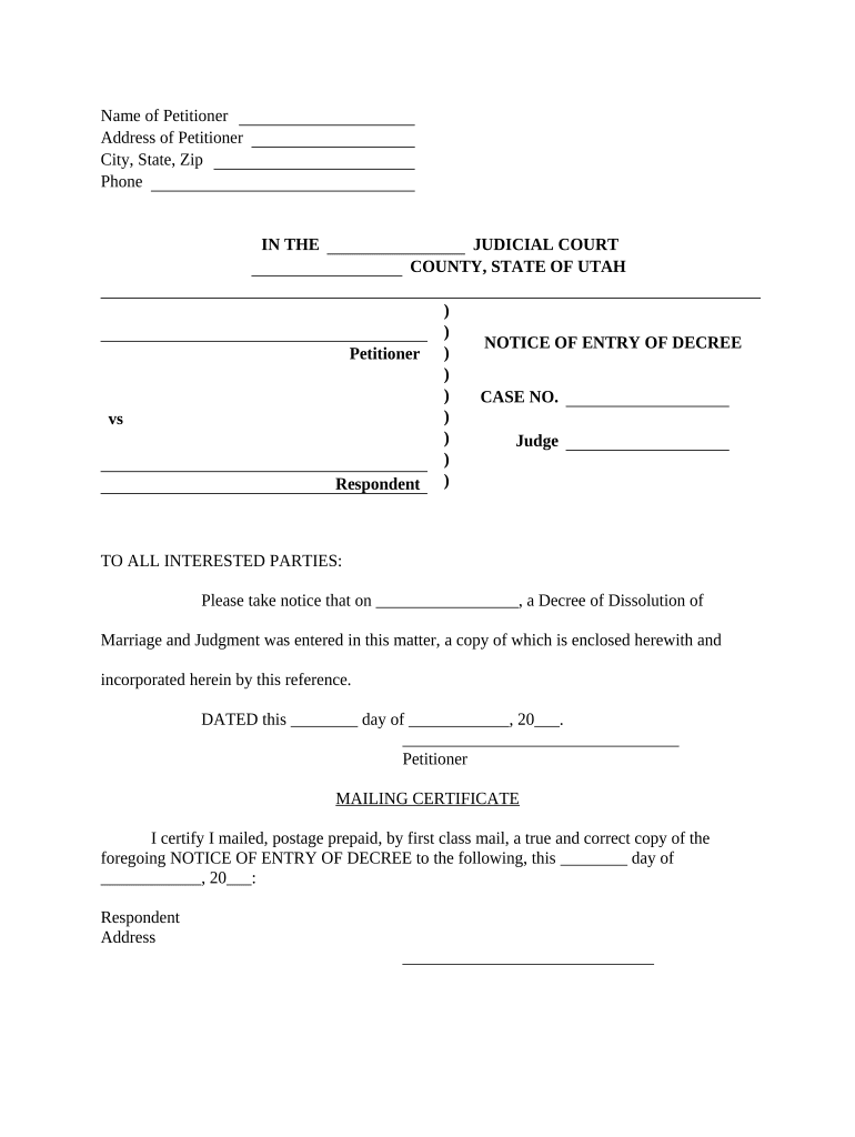 Notice of Entry of Decree Utah  Form