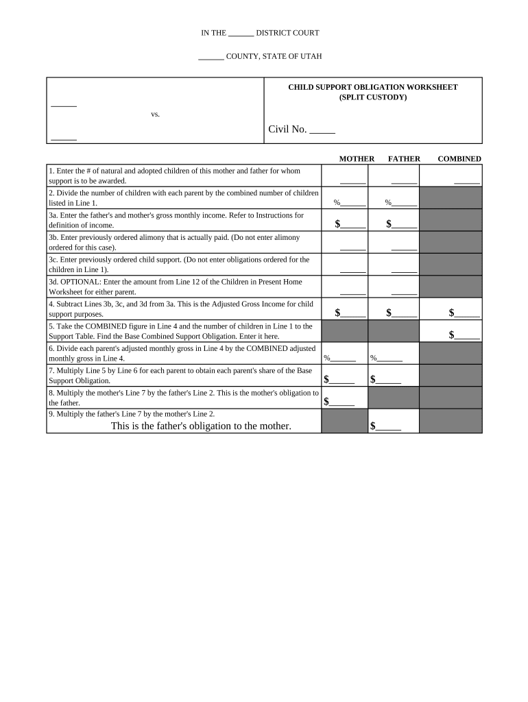 Child Support Obligation Worksheet Utah  Form