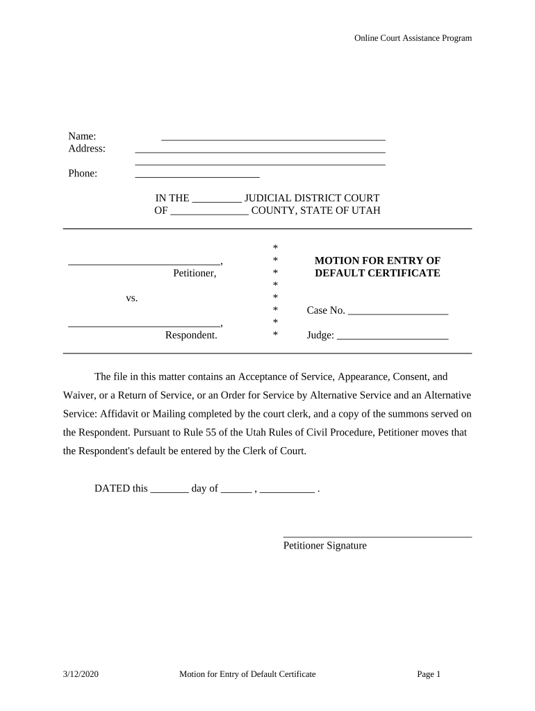 Motion Entry Default  Form