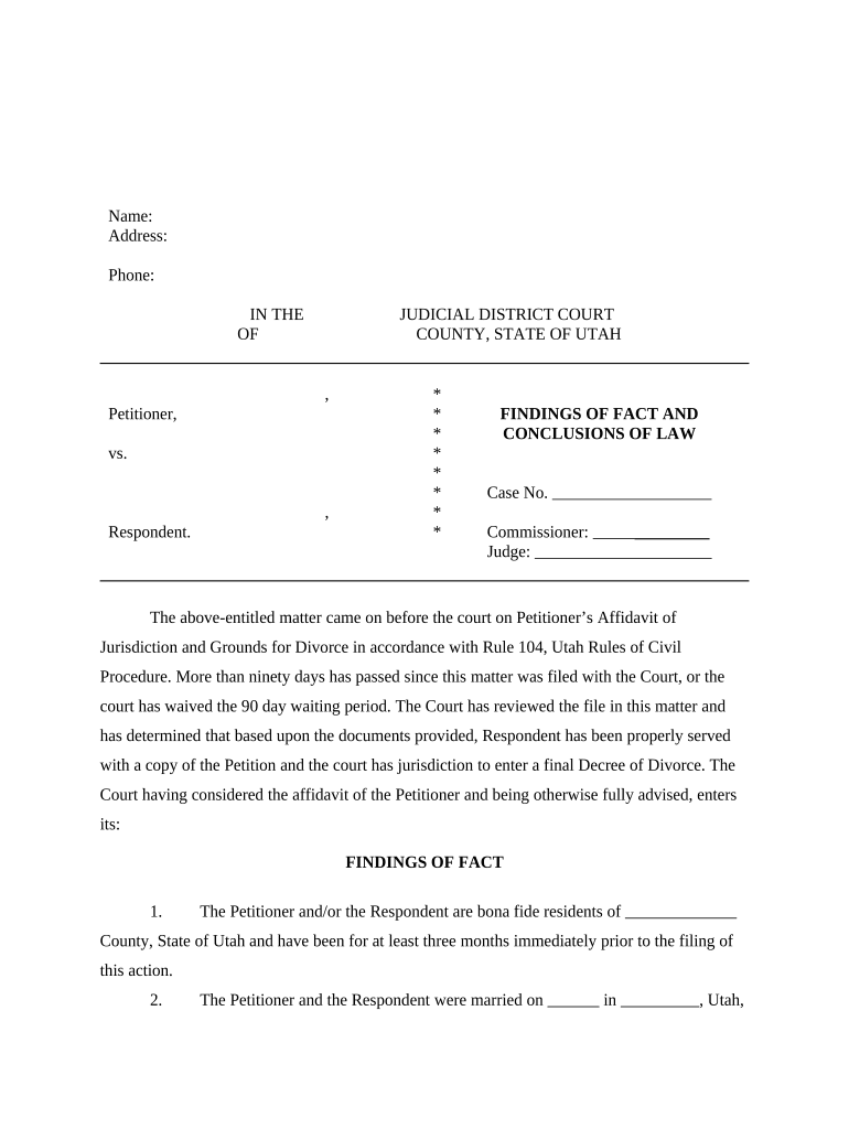 Findings of Fact and Conclusions of Law with No or Adult Children Utah  Form