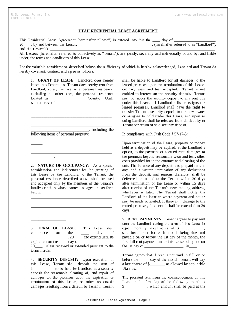 Residential Rental Lease Agreement Utah  Form