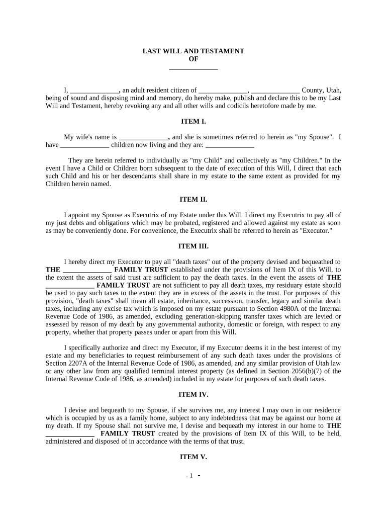 Complex Will with Credit Shelter Marital Trust for Large Estates Utah  Form