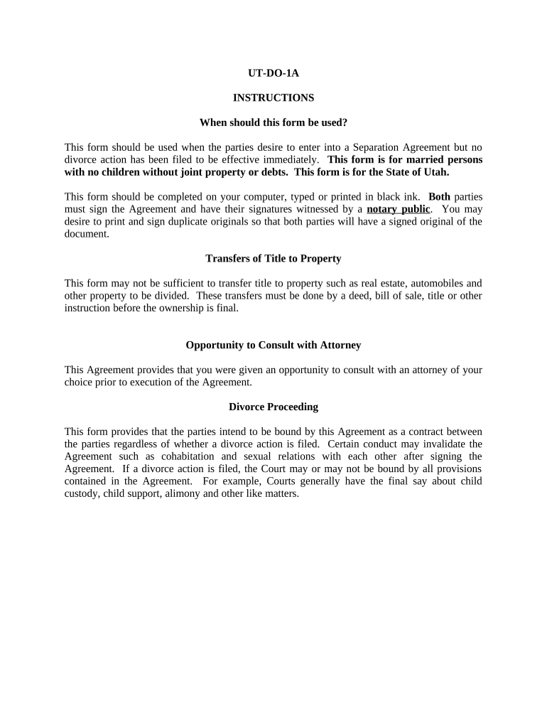 Marital Domestic Separation and Property Settlement Agreement for Persons with No Children, No Joint Property, or Debts Effectiv  Form