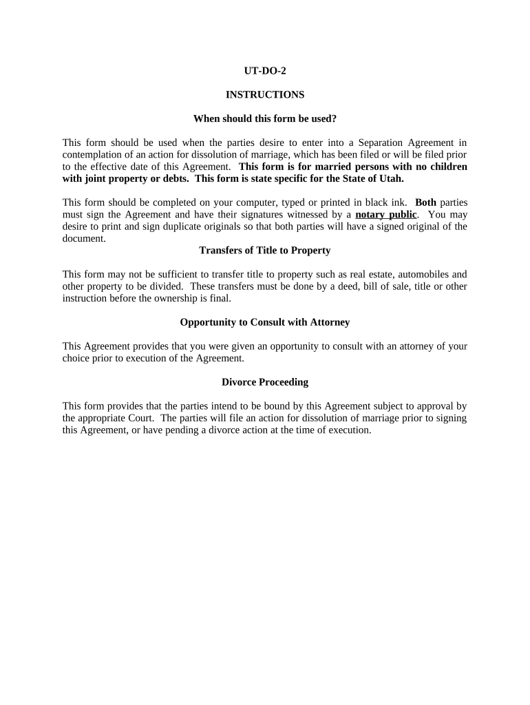 Marital Domestic Separation and Property Settlement Agreement No Children Parties May Have Joint Property or Debts Where Divorce  Form