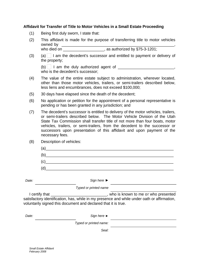 Affidavit for Transfer of Title to Motor Vehicles in a Small Estate Proceeding Utah  Form