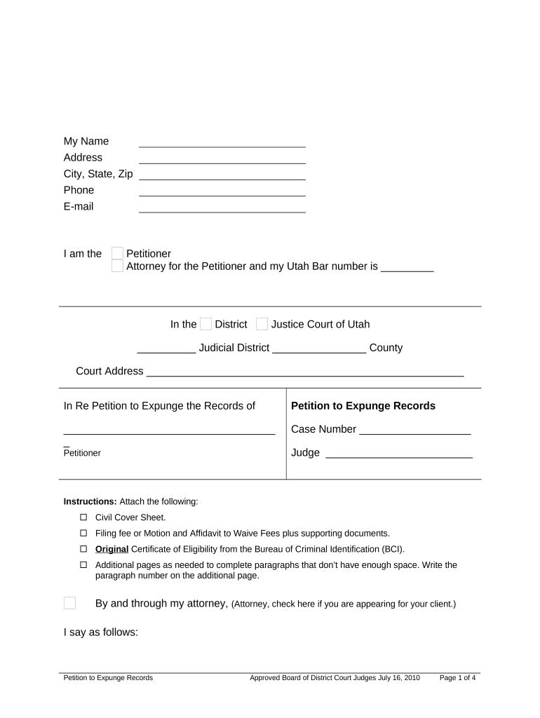 Utah Expungement Application  Form