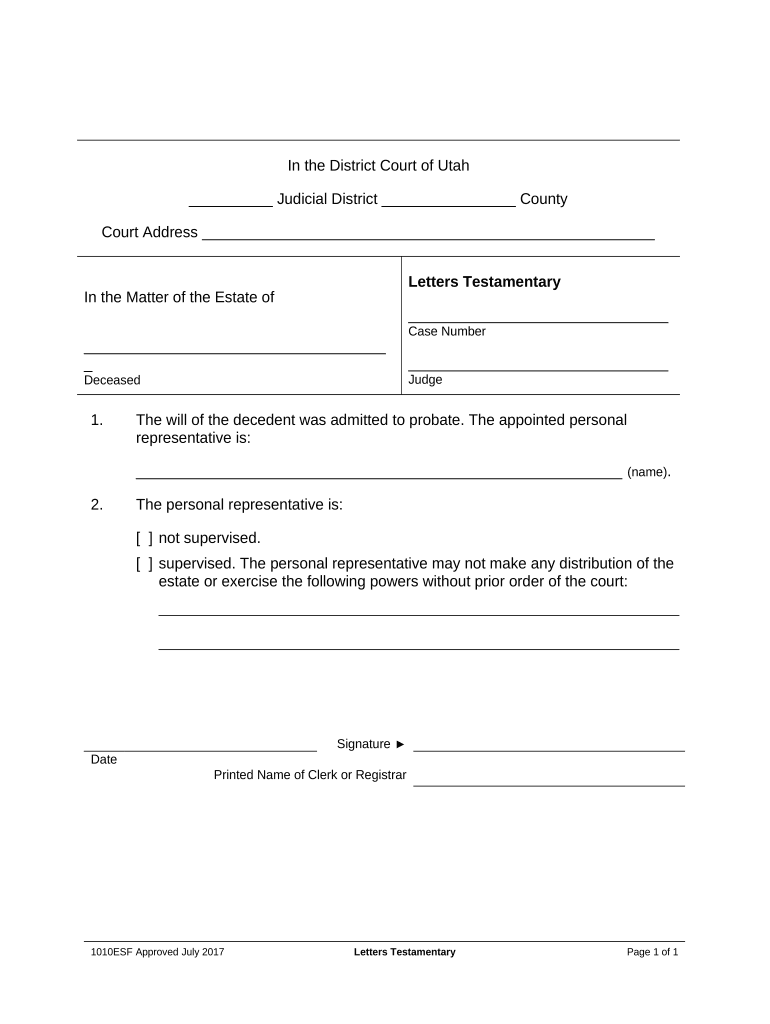 Utah Letters Testamentary  Form