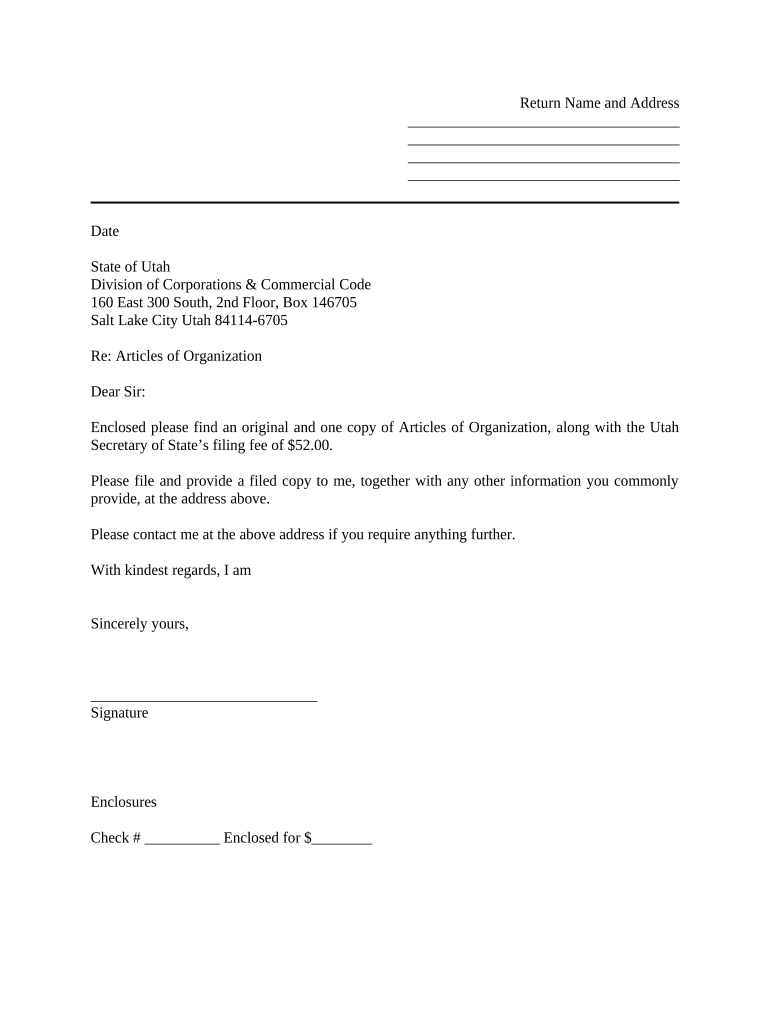 Sample Cover Letter for Filing of LLC Articles or Certificate with Secretary of State Utah  Form