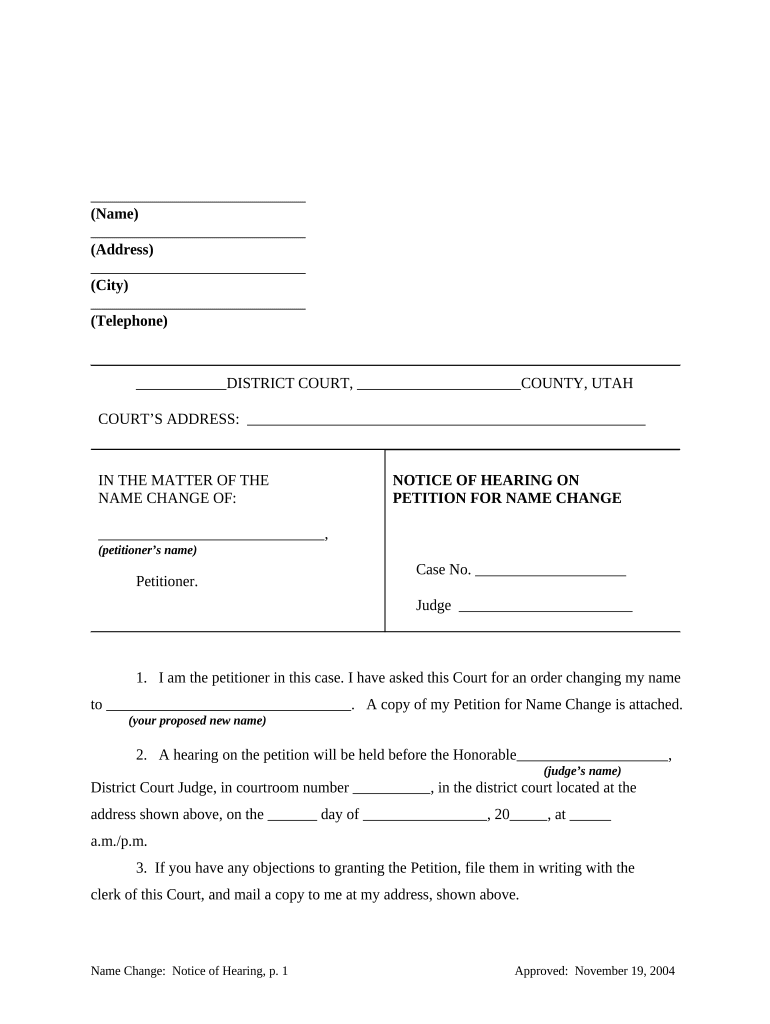 Utah Notice Hearing  Form