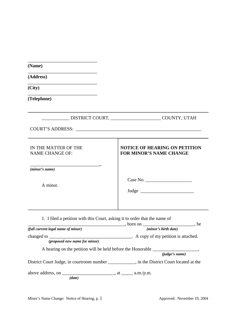 Notice of Hearing for Name Change Utah  Form