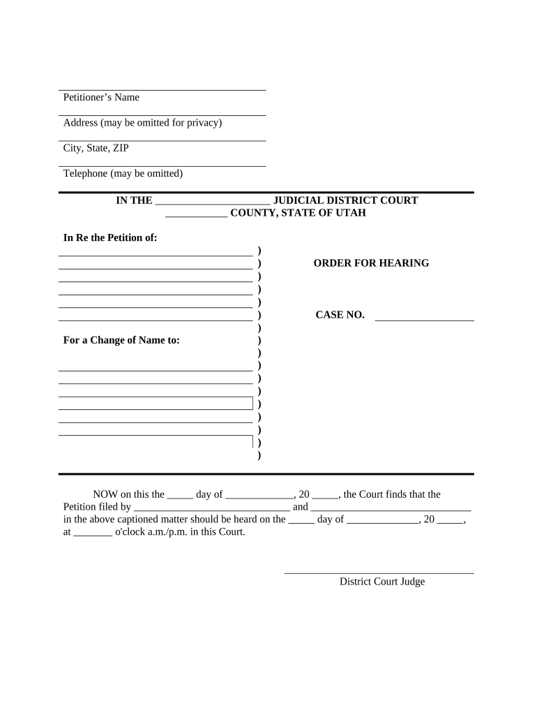 Order for Hearing Family Name Change Utah  Form