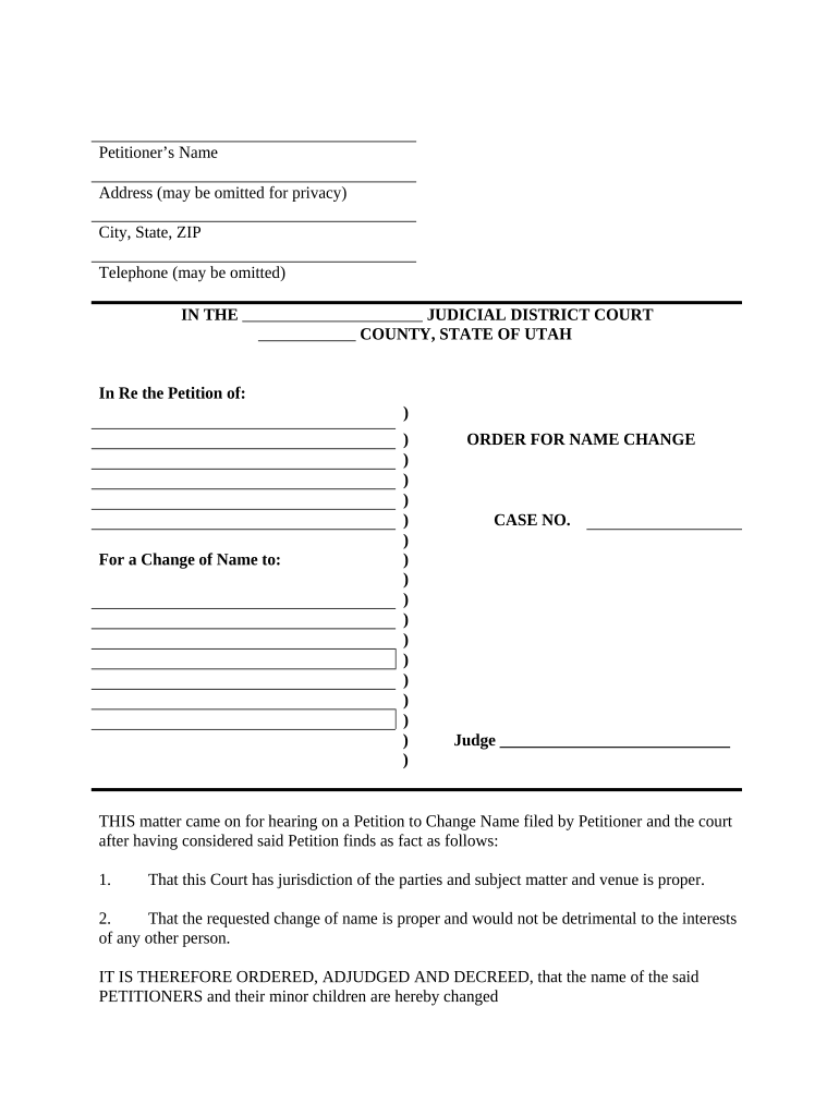 Order for Name Change for Family Utah  Form