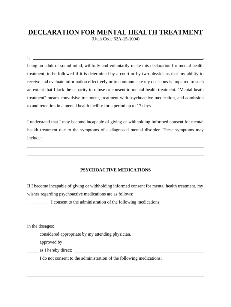 Statutory Declaration for Mental Health Treatment Utah  Form