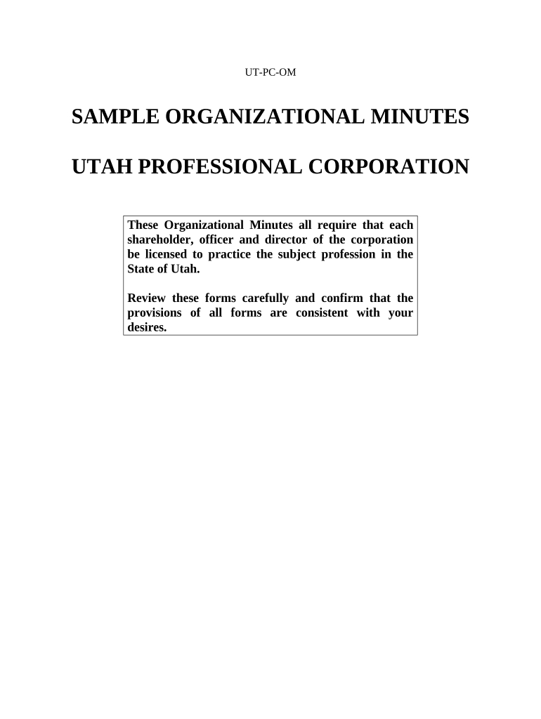 Organizational Minutes for a Utah Professional Corporation Utah Form