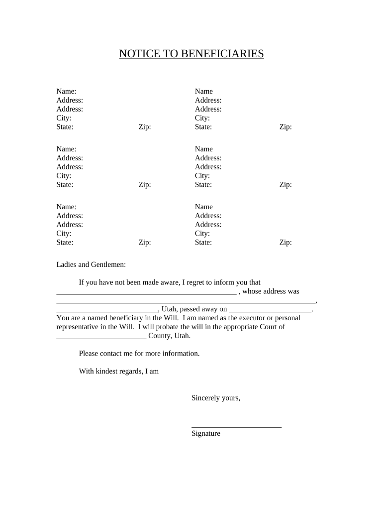 Notice to Beneficiaries of Being Named in Will Utah  Form