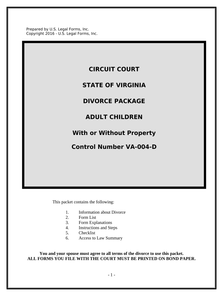 No Fault Uncontested Agreed Divorce Package for Dissolution of Marriage with Adult Children and with or Without Property and Deb  Form