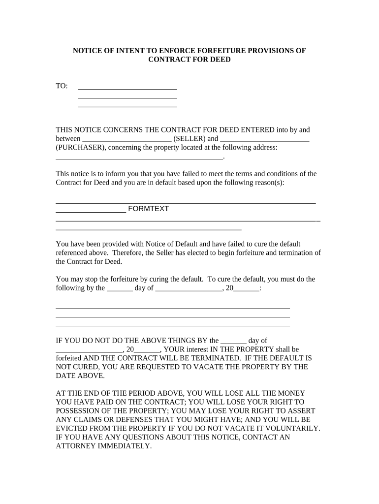 Notice of Intent to Enforce Forfeiture Provisions of Contact for Deed Virginia  Form