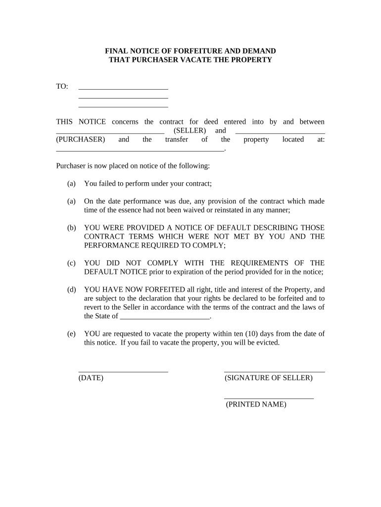 Final Notice of Forfeiture and Request to Vacate Property under Contract for Deed Virginia  Form