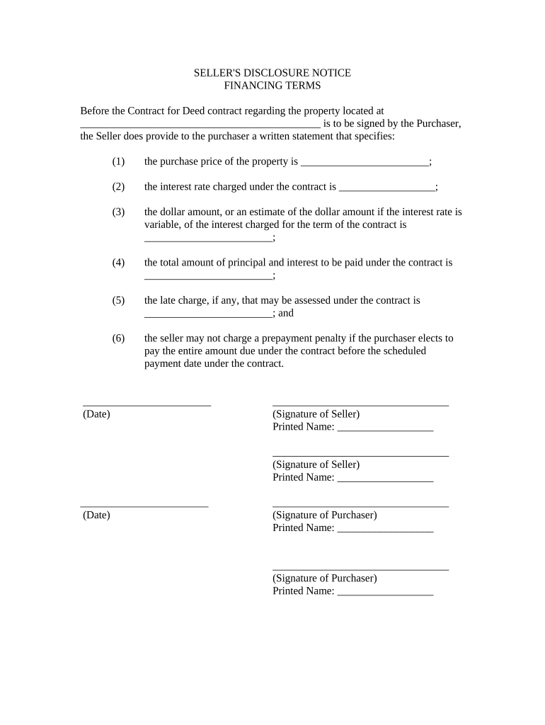 Seller's Disclosure of Financing Terms for Residential Property in Connection with Contract or Agreement for Deed Aka Land Contr  Form