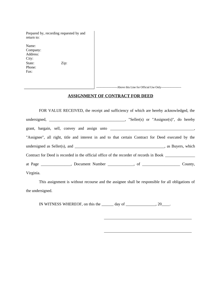 Assignment of Contract for Deed by Seller Virginia  Form