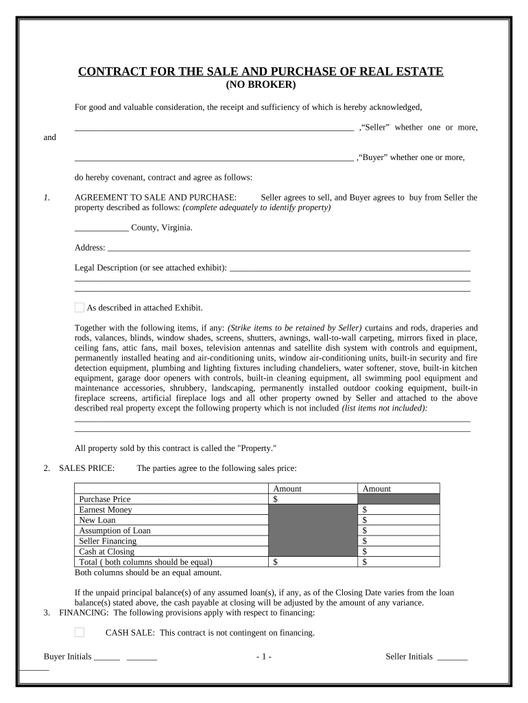 Contract for Sale and Purchase of Real Estate with No Broker for Residential Home Sale Agreement Virginia  Form