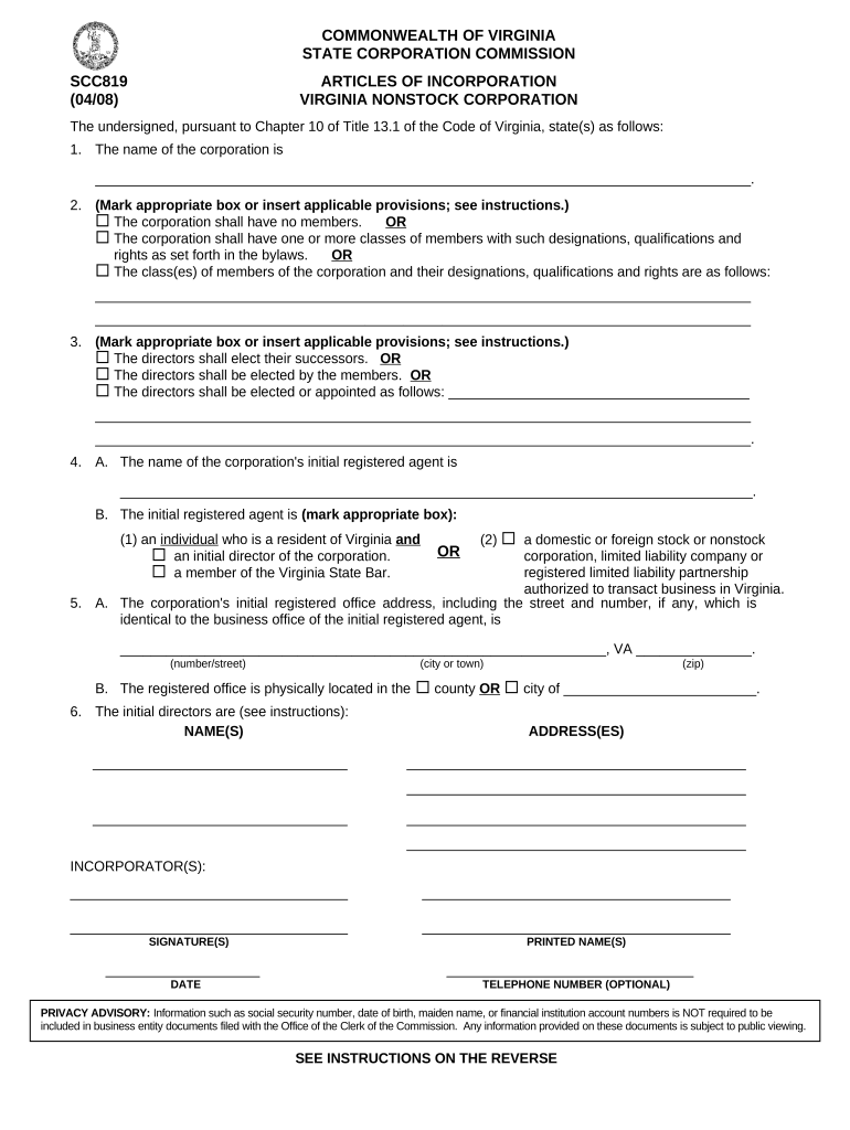 Virginia Nonstock  Form