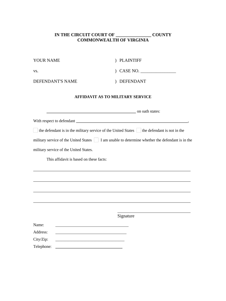Affidavit of Military Service Virginia  Form