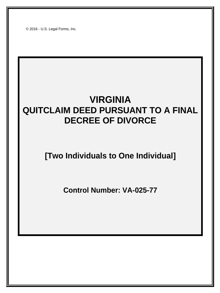 Quitclaim Deed Pursuant to a Final Decree of Divorce Two Individuals to One Individual Virginia  Form