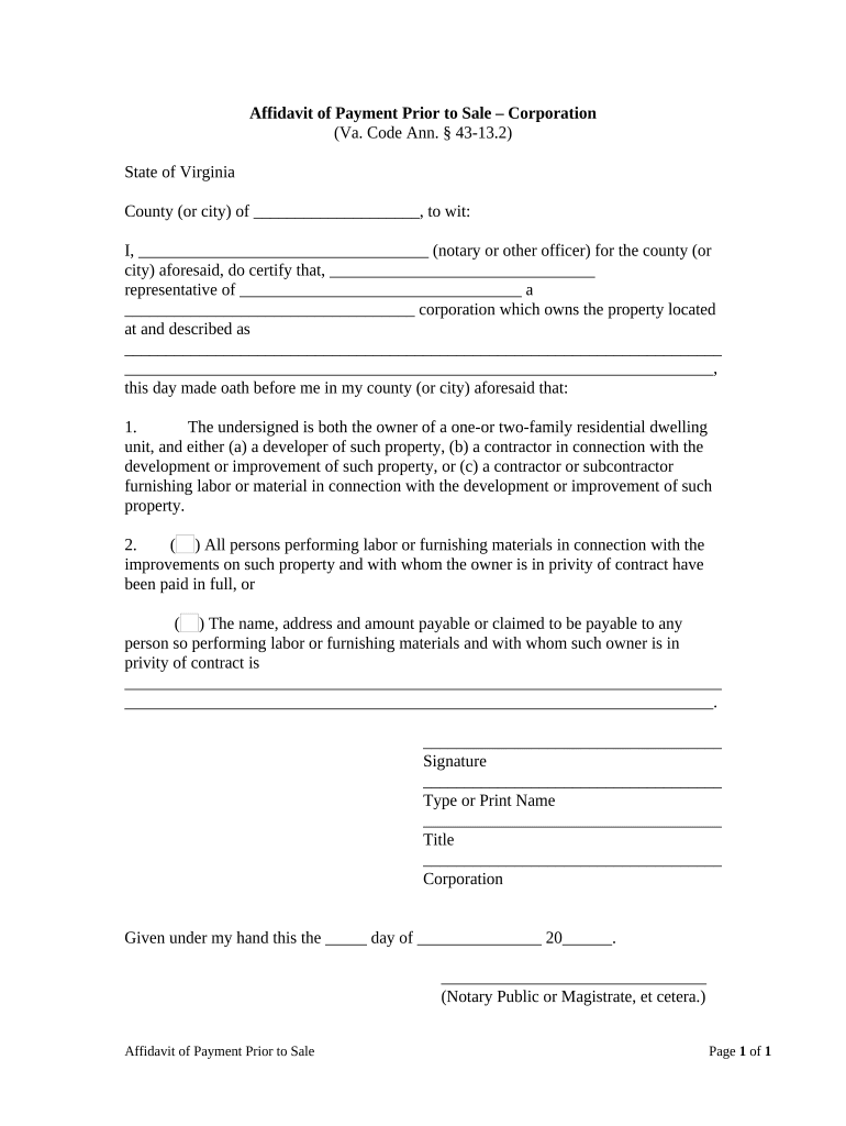 Affidavit of Payment Prior to Sale Corporation or LLC Virginia  Form