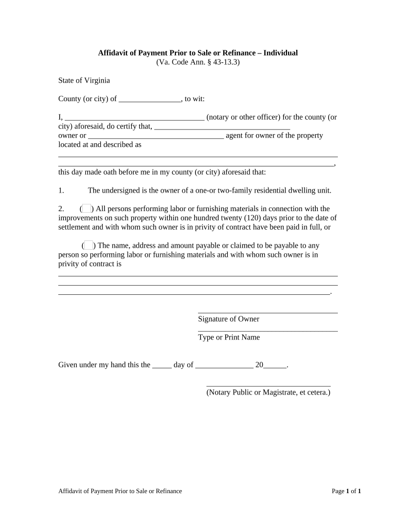 Affidavit of Payment Prior to Sale or Refinance Individual Virginia  Form