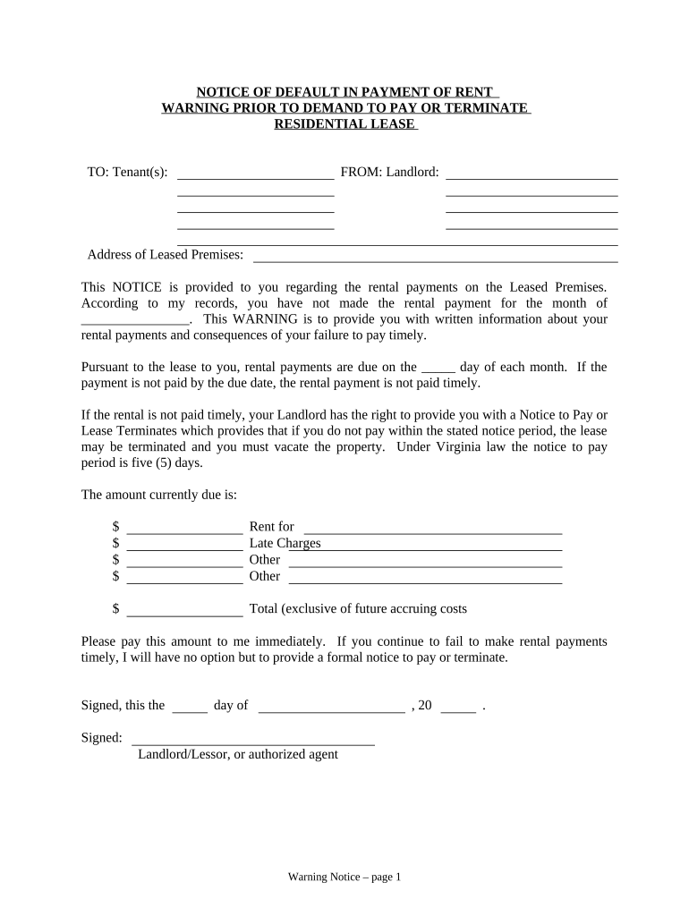 Notice of Default in Payment of Rent as Warning Prior to Demand to Pay or Terminate for Residential Property Virginia  Form